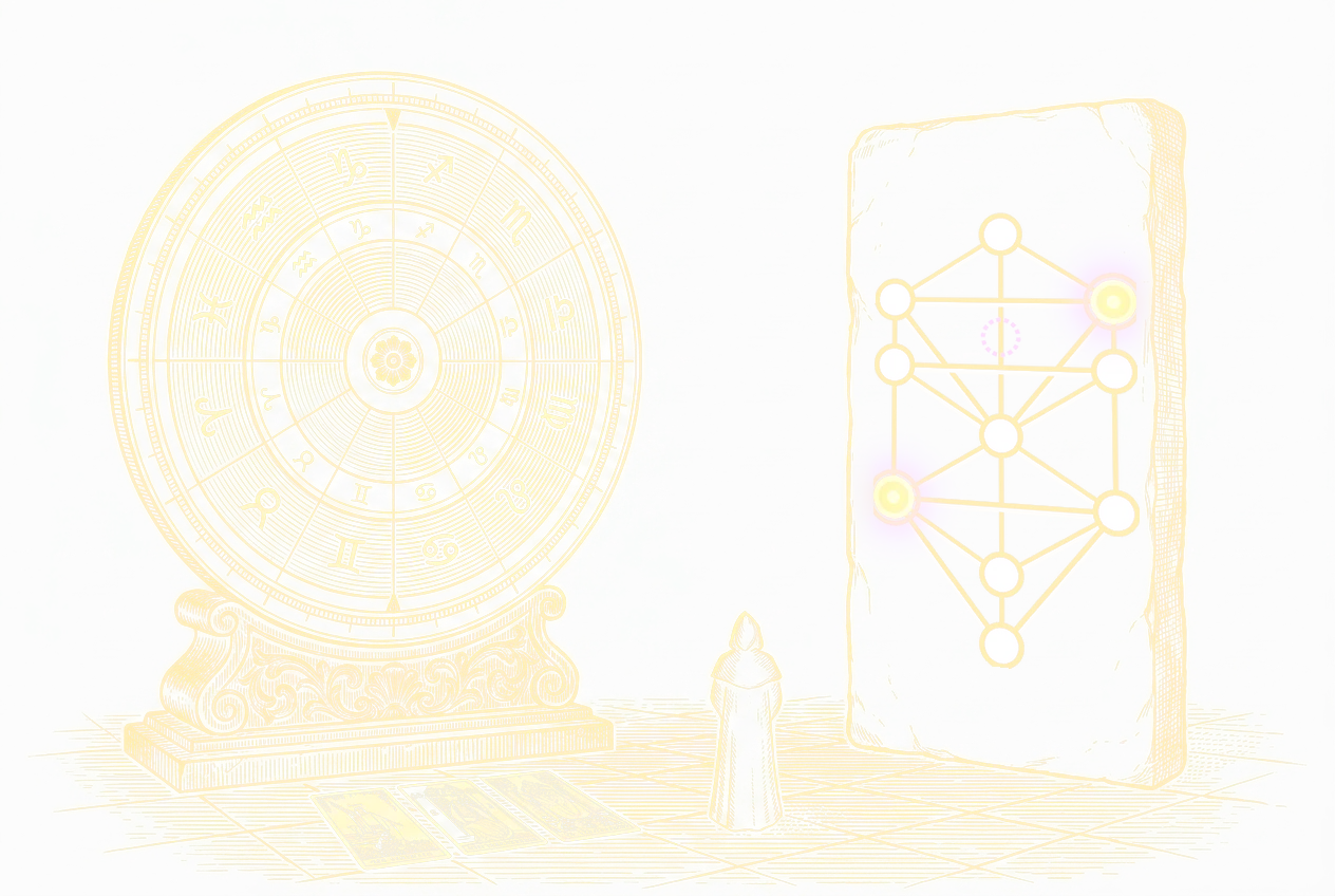 Grabado: sobre el mismo suelo de piedra, a la izquierda una rueda zodiacal con su tirada de tres cartas delante, marcada con arcos que indican que gira; a la derecha una losa inmóvil con el Árbol de la Vida tallado, dos de sus diez esferas encendidas