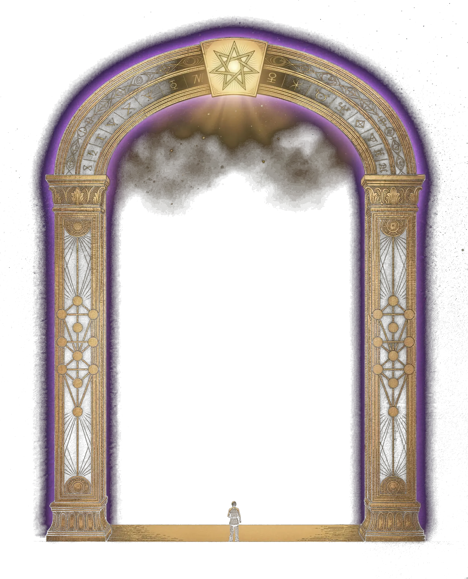Grabado: una puerta ceremonial de oro sobre el vacío, con el Árbol de la Vida labrado en cada jamba, un heptagrama radiante en la clave del arco y una figura diminuta de pie en el umbral.