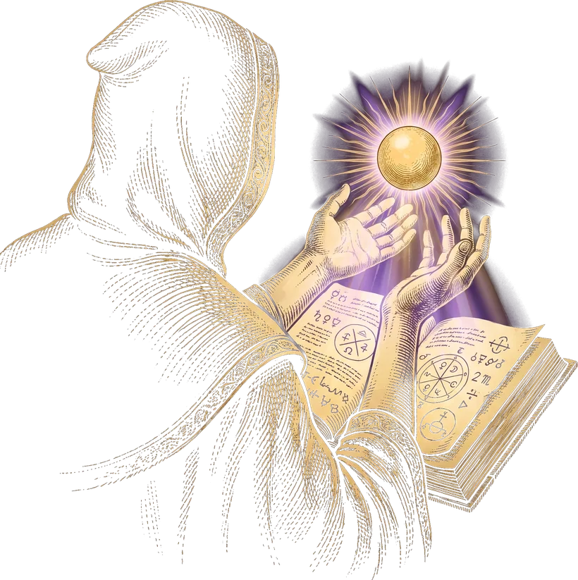 Un iniciado encapuchado sostiene entre las manos una esfera de luz sobre un códice abierto; el resplandor cae sobre las páginas escritas.
