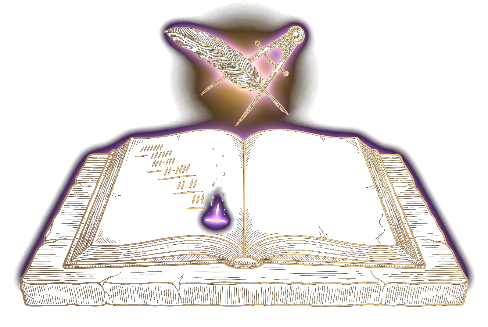 Grabado: una pluma y un compás de geómetra cruzados sobre un libro de cuentas de páginas negras; por la página baja una cascada de trazos cada vez más corta, y el trazo final arde con un halo violeta.