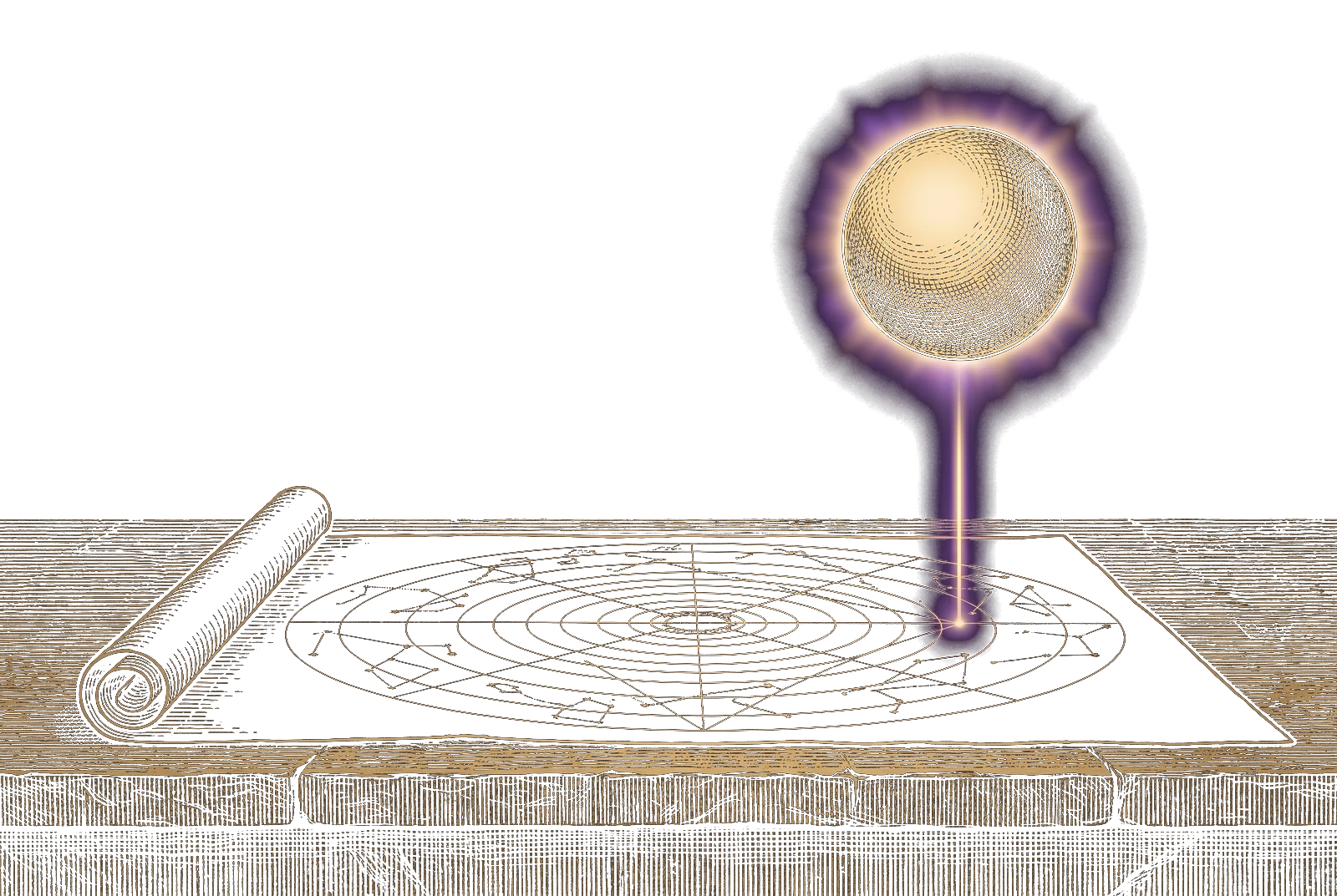 Grabado: una carta celeste desenrollada sobre piedra, con constelaciones y órbitas tenues; encima flota una sola esfera ardiendo con aura violeta, y un rayo fino baja de la esfera hasta un punto del mapa, marcándolo.